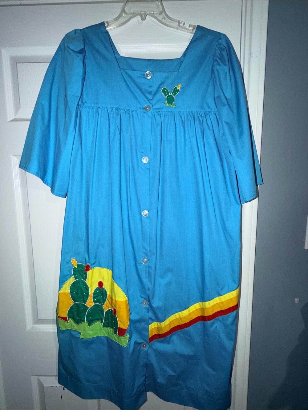 Vintage Blue Button-Front Dress with Cactus Appliqués